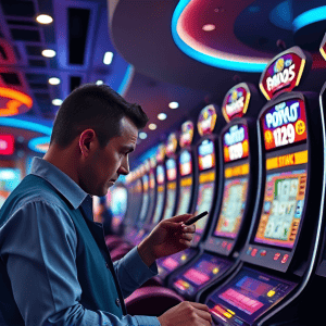 A_modern_casino_interior_showing_a_player_marking_lottery_numbers_while_slot_machines_shine_behind_h_404677209